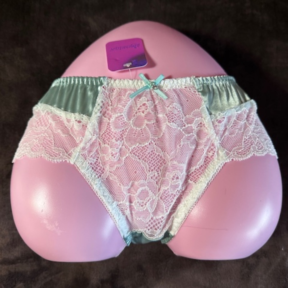 Soft Green with White lace & coloured Satin waist and crotch panels. Petite  …